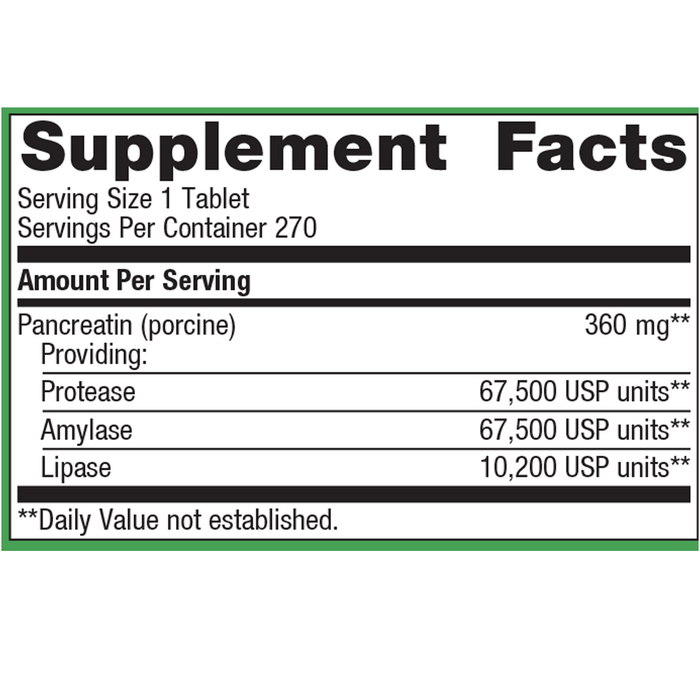 Metagenics SpectraZyme Pancreatic Enzymes 270 tablets supplement facts label
