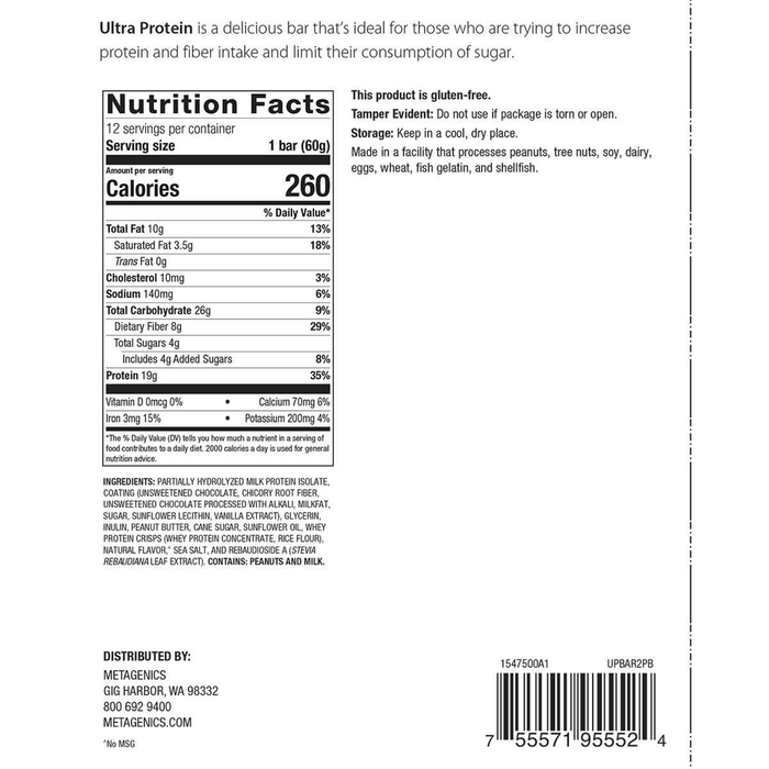 Metagenics Ultra Protein Bar Peanut Butter 12 bars nutrition facts label