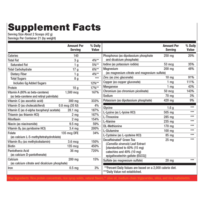 Metagenics UltraClear Plus Detox Powder Vanilla 21 servings supplement facts panel, close-up