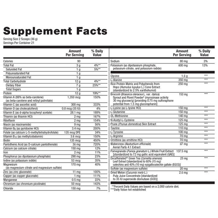Metagenics UltraClear Renew Detox Powder Vanilla 21 servings supplement facts panel, close-up