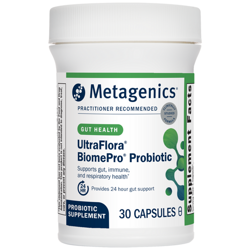Metagenics UltraFlora BiomePro Probiotic, 30 capsules, front of bottle