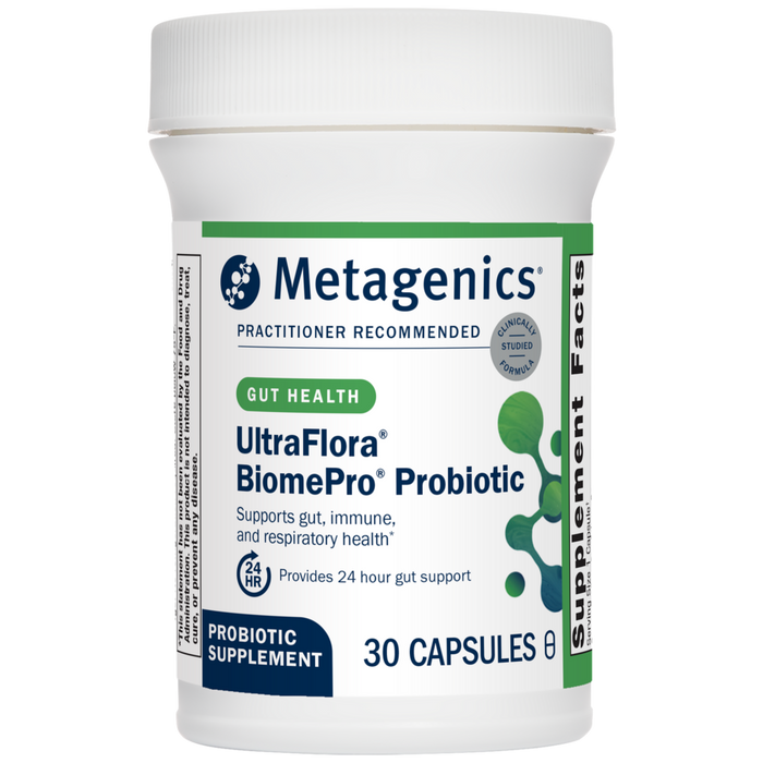 Metagenics UltraFlora BiomePro Probiotic, 30 capsules, front of bottle