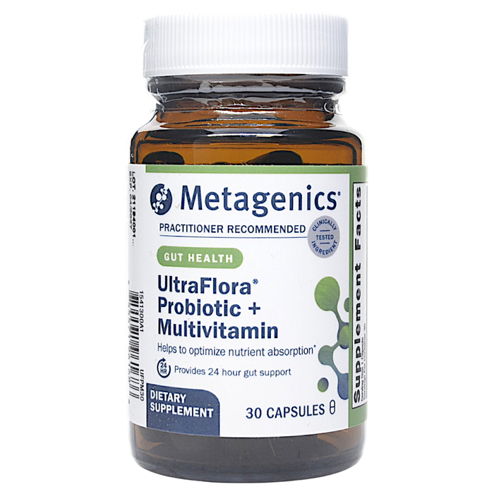 Metagenics UltraFlora Probiotic + Multivitamin, 30 capsules, front of bottle