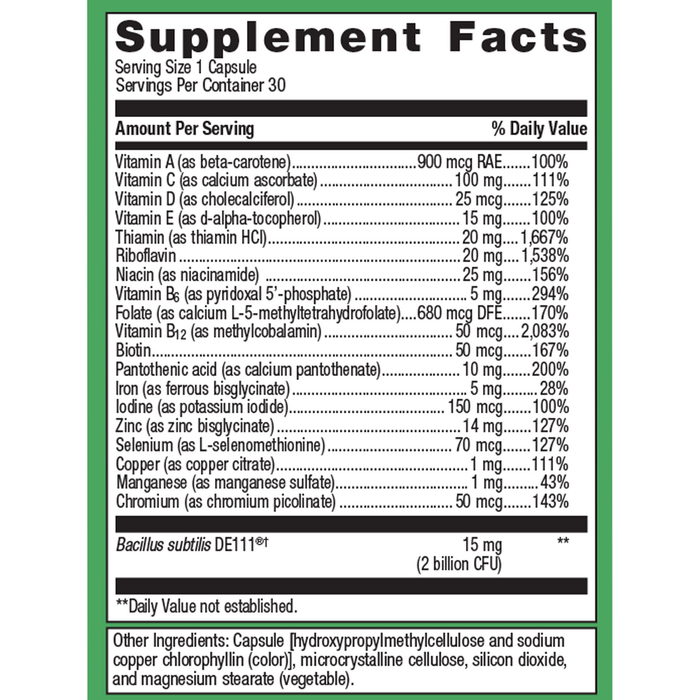 Metagenics UltraFlora Probiotic + Multivitamin 30 capsules supplement facts panel, close-up