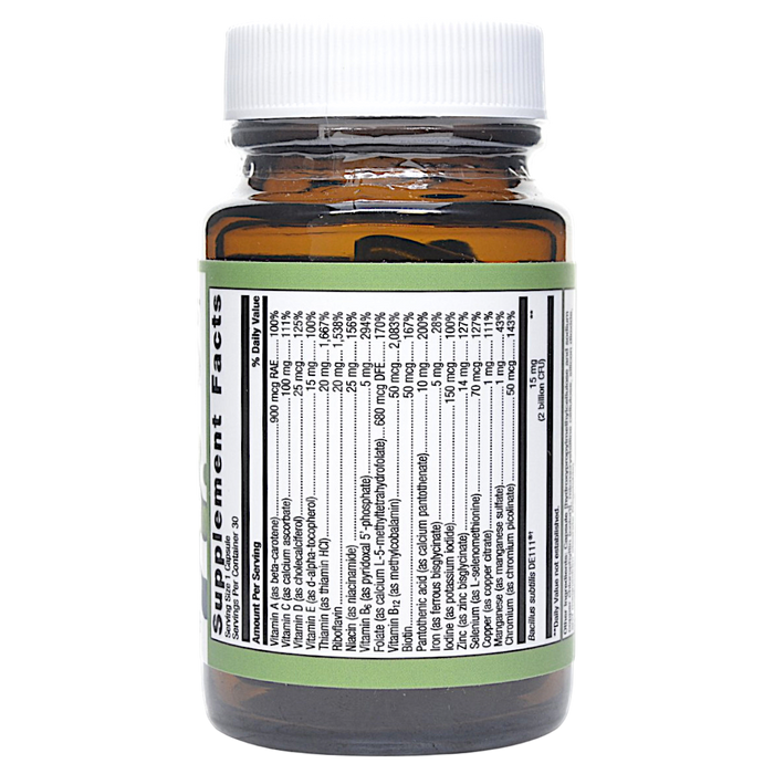 Metagenics UltraFlora Probiotic + Multivitamin 30 capsules supplement facts label