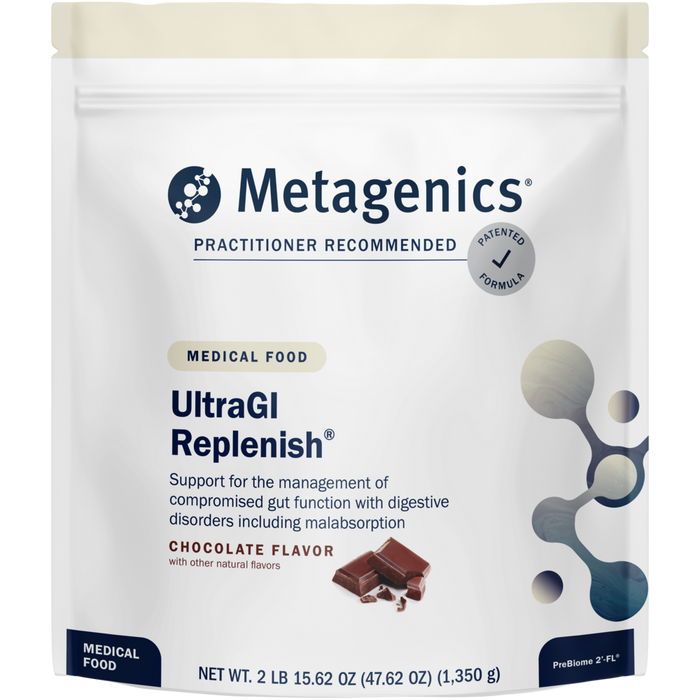 Metagenics UltraGI Replenish Chocolate, 30 servings, front of pouch
