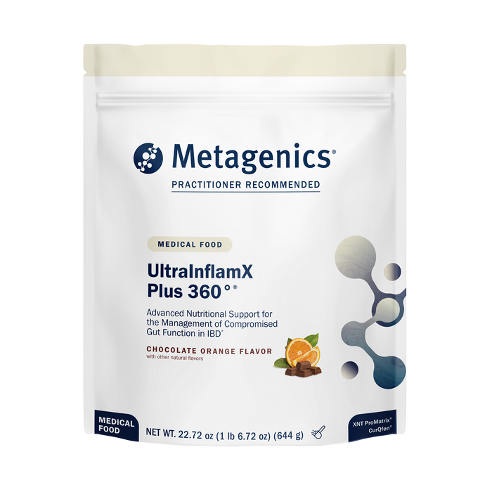 Metagenics UltraInflamX Plus 360° Chocolate Orange, 14 servings, front of pouch