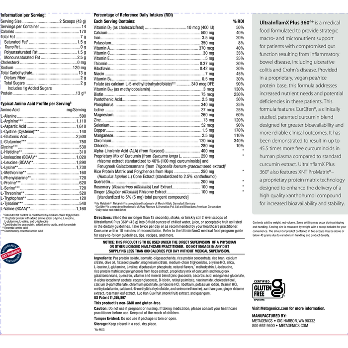 Metagenics UltraInflamX Plus 360° Mango 14 servings supplement facts label