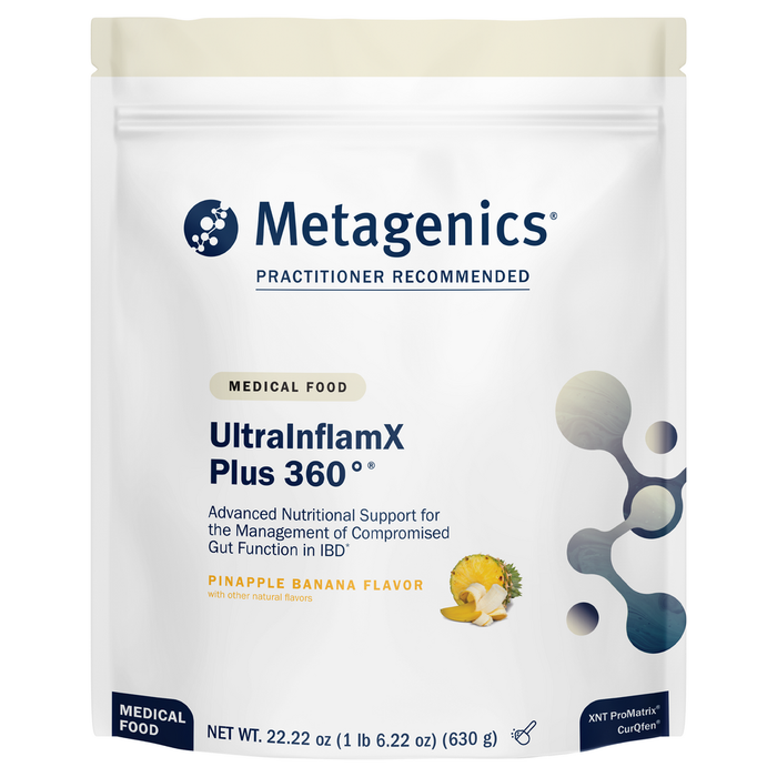 Metagenics UltraInflamX Plus 360° Pineapple Banana, 14 servings, front of pouch