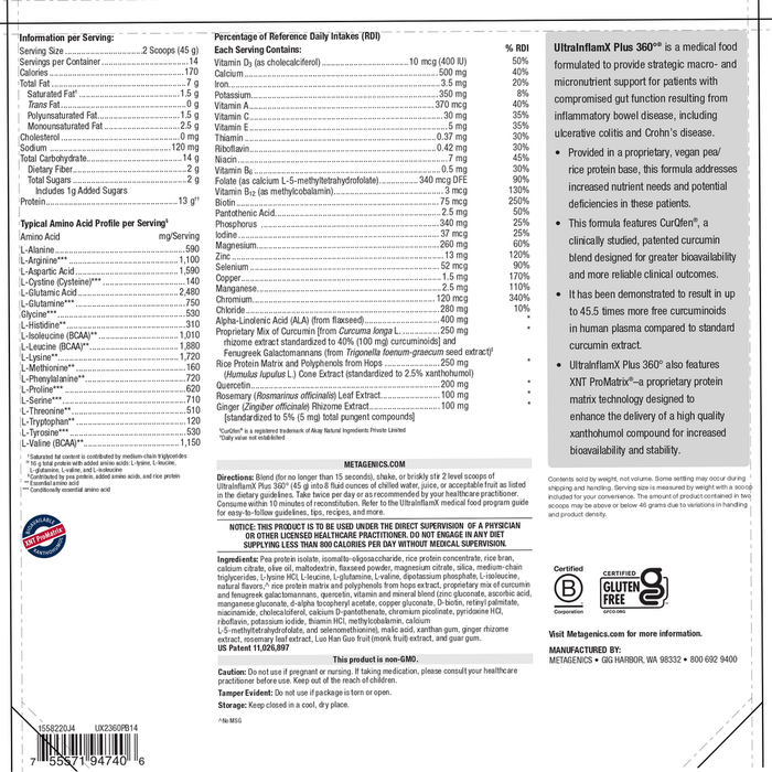 Metagenics UltraInflamX Plus 360° Pineapple Banana 14 servings supplement facts label