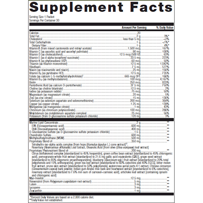 Metagenics Wellness Essentials Active Daily Packs 30 packets supplement facts label
