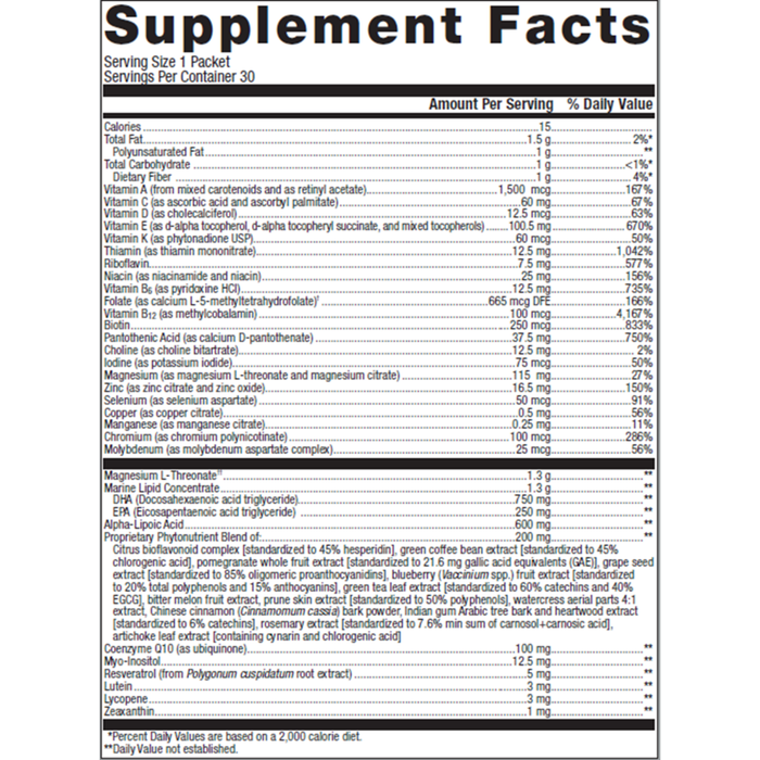 Metagenics Wellness Essentials Brain Health Daily Packs 30 packets supplement facts label