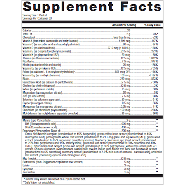 Metagenics Wellness Essentials Daily Packs 30 packets supplement facts label