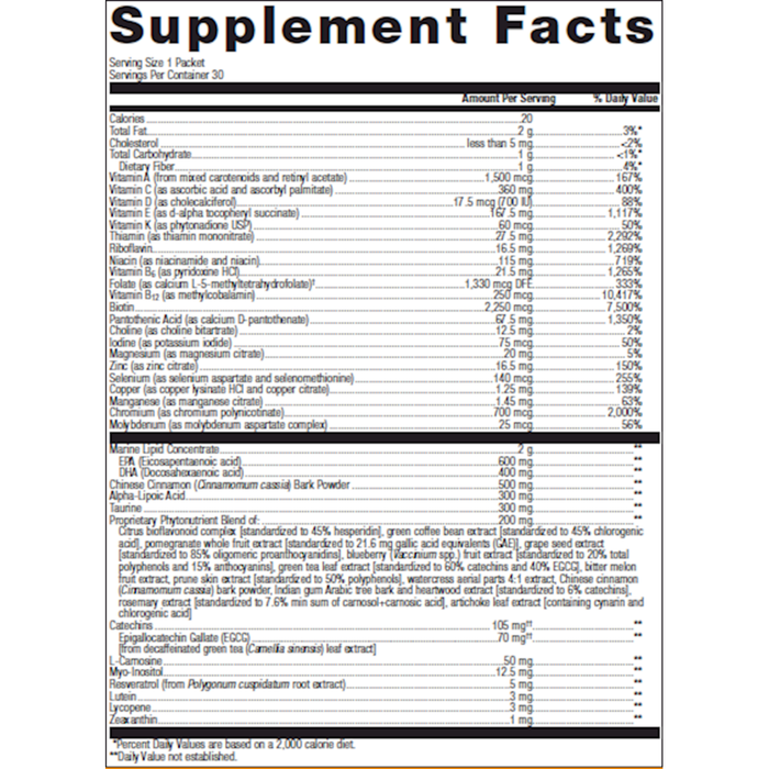 Metagenics Wellness Essentials Healthy Balance Daily Packs 30 packets supplement facts label