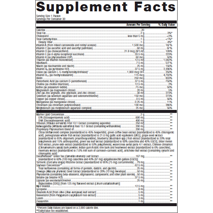Metagenics Wellness Essentials Men's Vitality Daily Packs 30 packets supplement facts panel, close-up