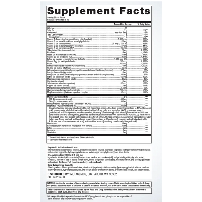 Metagenics Wellness Essentials Women's Daily Packs 30 packets supplement facts panel, close-up