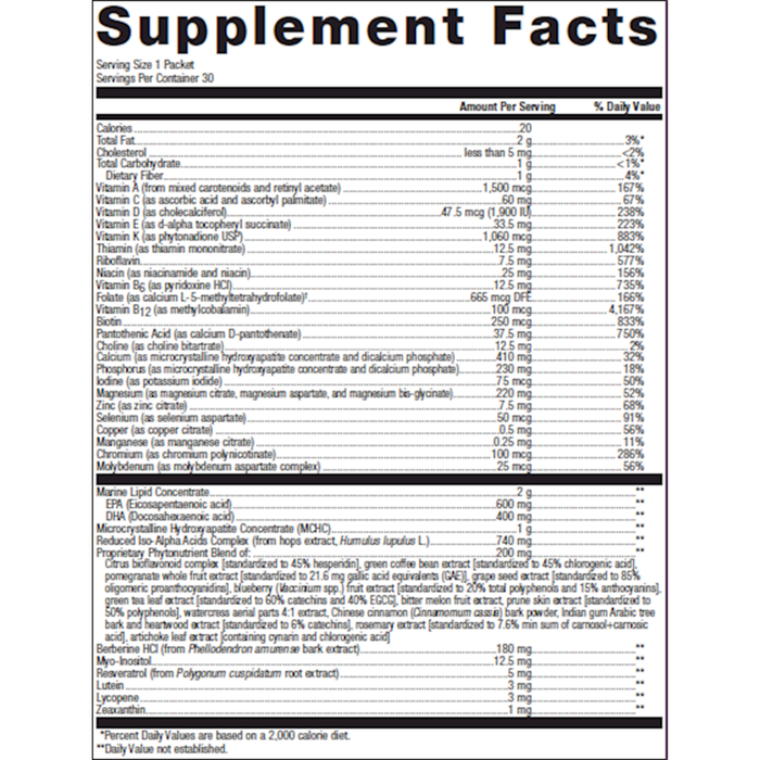 Metagenics Wellness Essentials Women's Prime Daily Packs 30 packets supplement facts panel, close-up