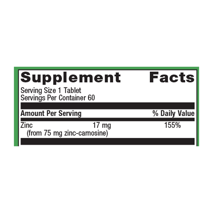 Metagenics Zinc Carnosine Complex 17 mg 60 tablets supplement facts label