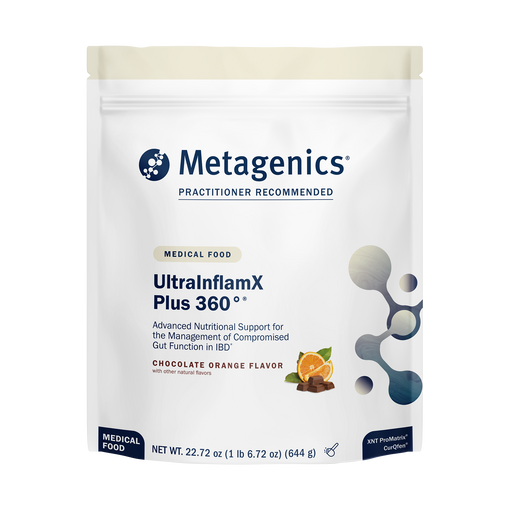 Metagenics UltrainflamX Plus 360 chocolate orange flavor supplement package on a white background