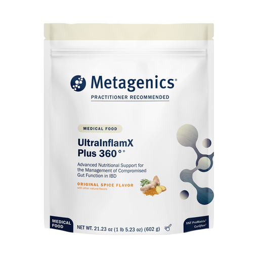 Metagenics UltrainflamX Plus 360 original spice flavor medical food package on a white background