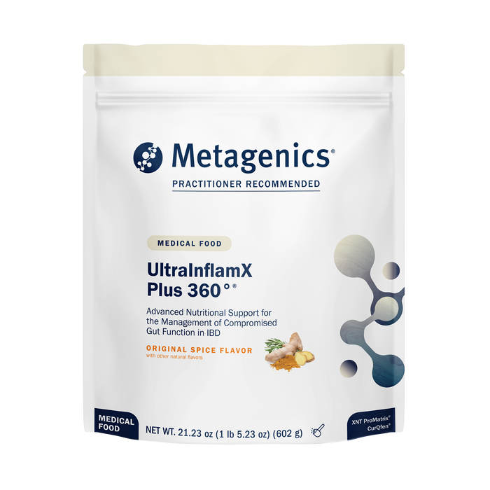 Metagenics UltrainflamX Plus 360 original spice flavor medical food package on a white background