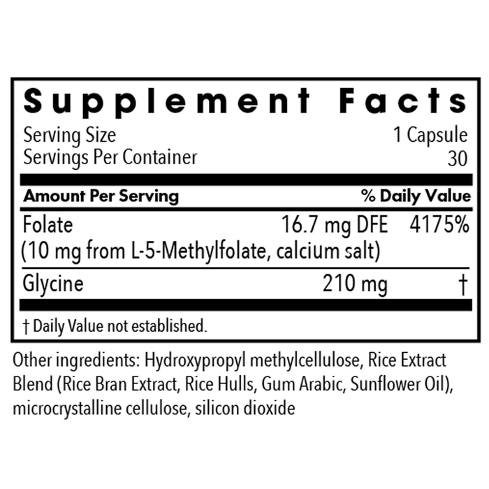MethylPro L-Methylfolate 10 mg 30 capsules supplement facts label