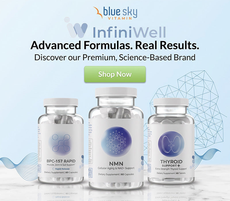 Three supplement bottles labeled BPC-157 RAPID, NMN, and THYROID SUPPORT are shown on a light blue promotional background with the Blue Sky Vitamin logo and the text 'InfiniWell' and 'Shop Now'.