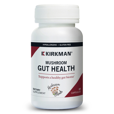 Kirkman Mushroom Gut Health supplement bottle on a white background