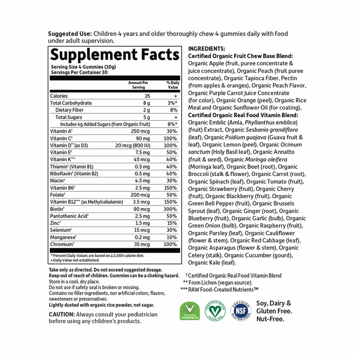 mykind Organics Kids Gummy Multi 120 Gummies by Garden of Life supplement facts label
