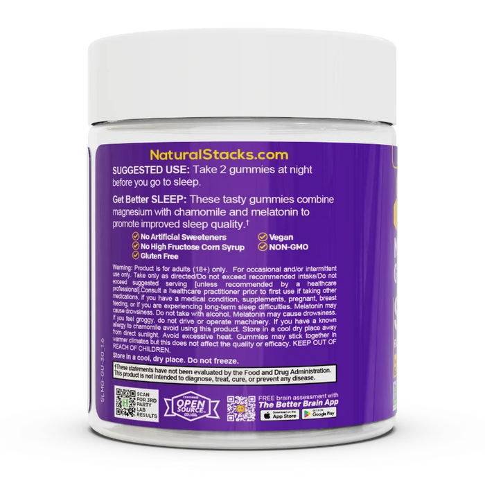 Natural Stacks Sleep Magnesium Gummies, 30 gummies, back of bottle with directions and warnings