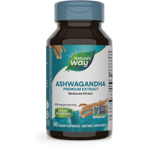 Nature's Way Ashwagandha 500 mg, 60 vegetarian capsules, front of bottle