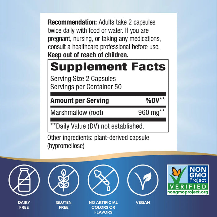 Nature's Way Marshmallow Root 100 capsules supplement facts label