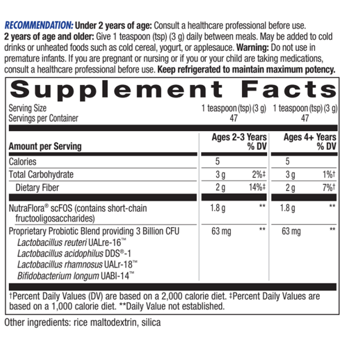 Nature's Way Primadophilus Reuteri Probiotic Powder 5 oz supplement facts label