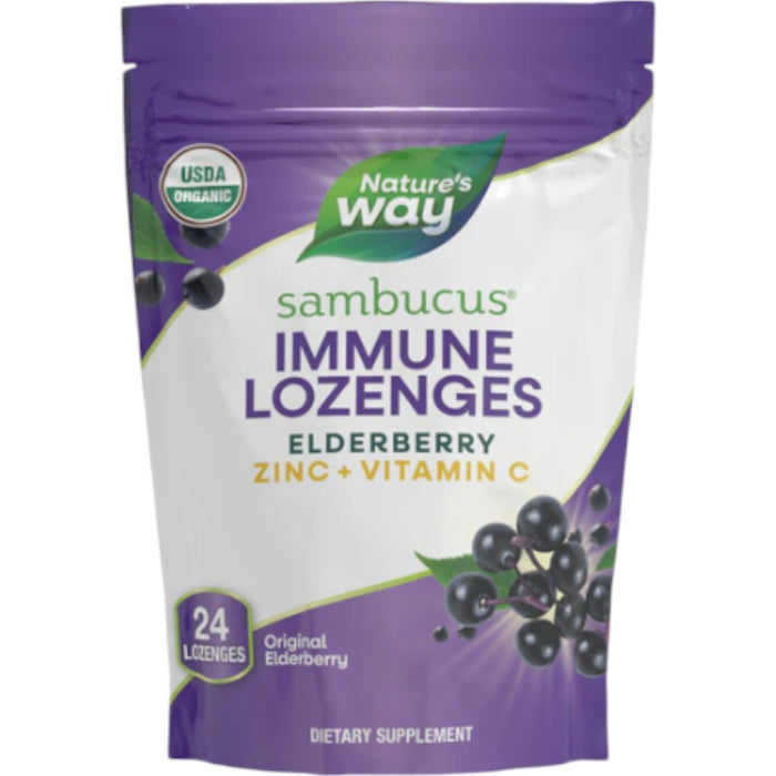 Nature's Way Sambucus Zinc Lozenges Elderberry, 24 lozenges, front of bag