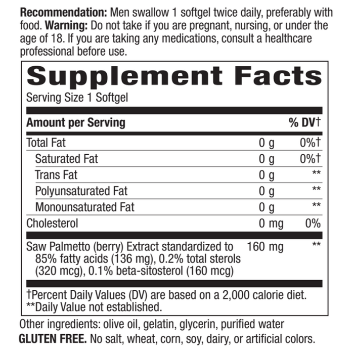 Nature's Way Saw Palmetto 160 mg 60 softgels supplement facts label