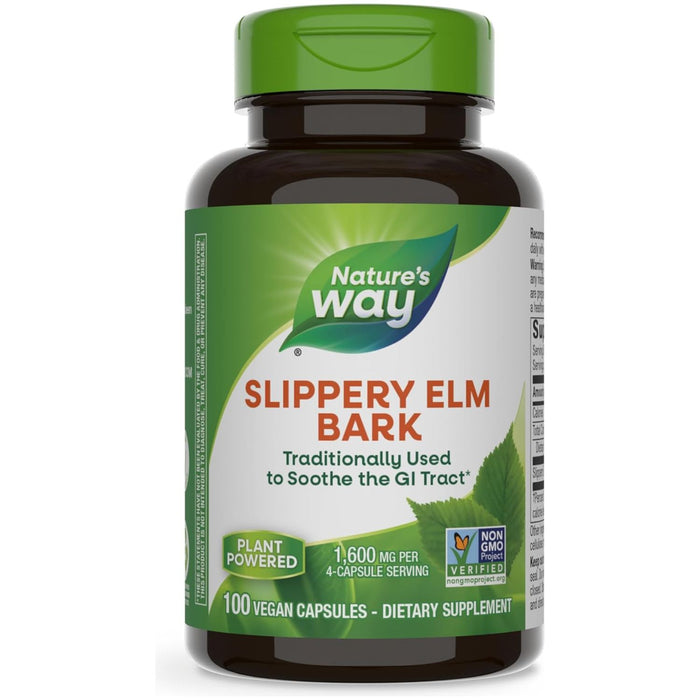 Nature's Way Slippery Elm Bark 1600 mg, 100 capsules, front of bottle