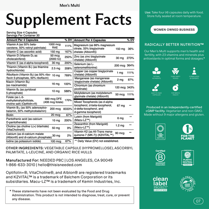 Needed Men's Multi supplement facts 