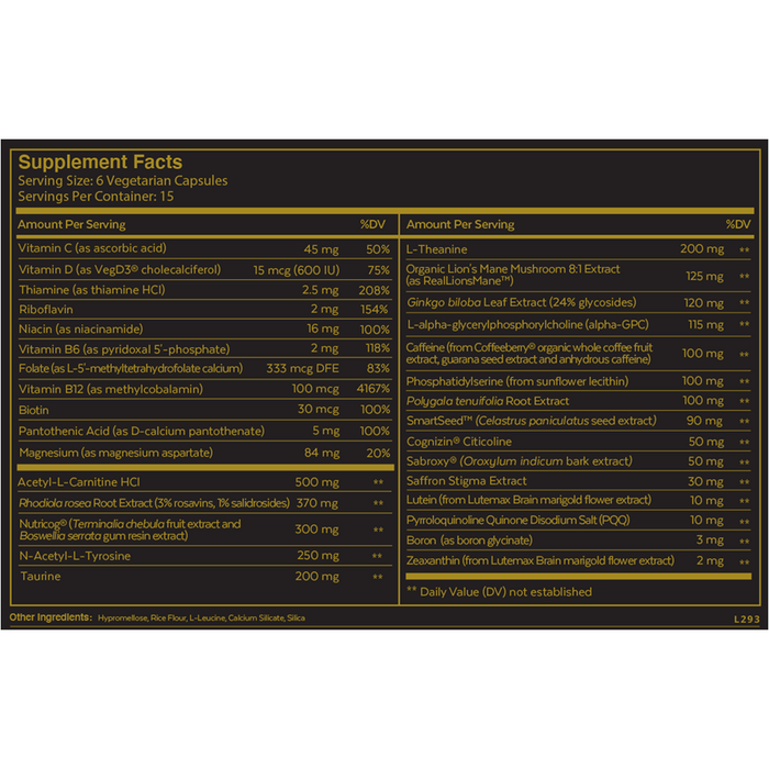 Neurohacker Qualia Mind 90 capsules supplement facts label