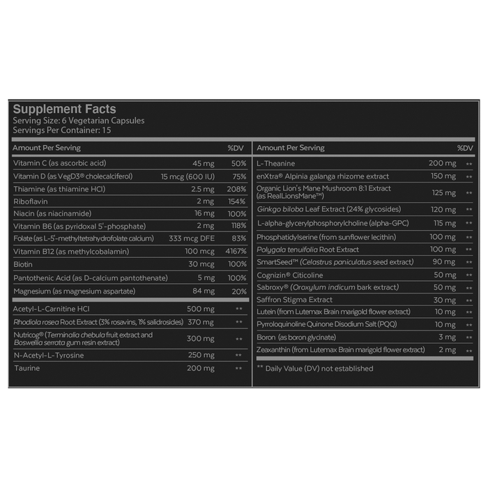 Neurohacker Qualia Mind Caffeine Free 90 capsules supplement facts label