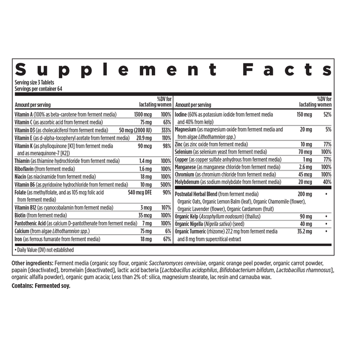 New Chapter Perfect Postnatal Multivitamin, 192 tablets, supplement facts