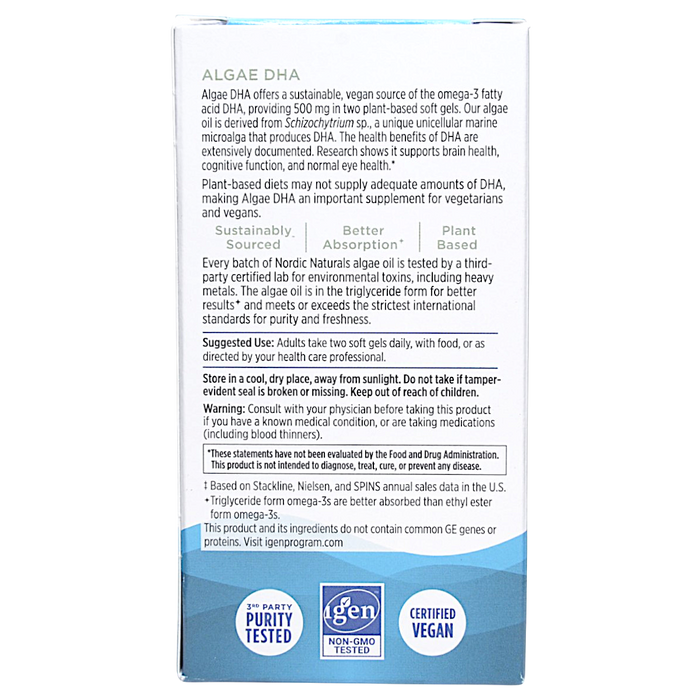 Nordic Naturals Algae DHA 60 softgels suggested use label