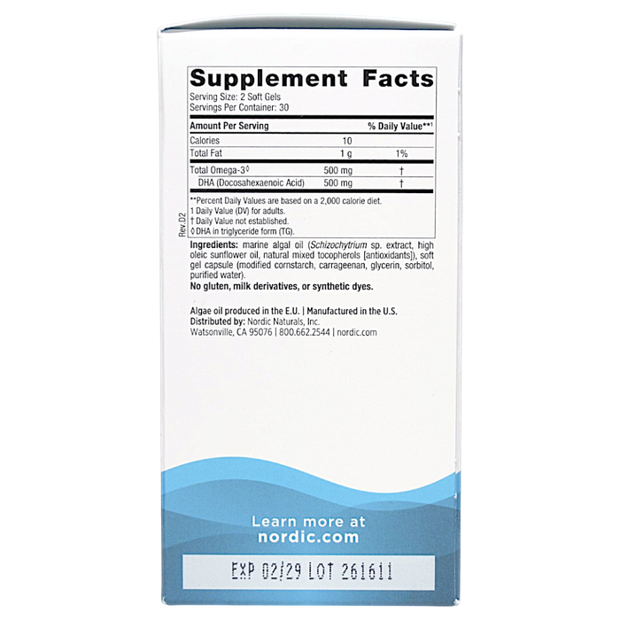 Nordic Naturals Algae DHA 60 softgels supplement facts label
