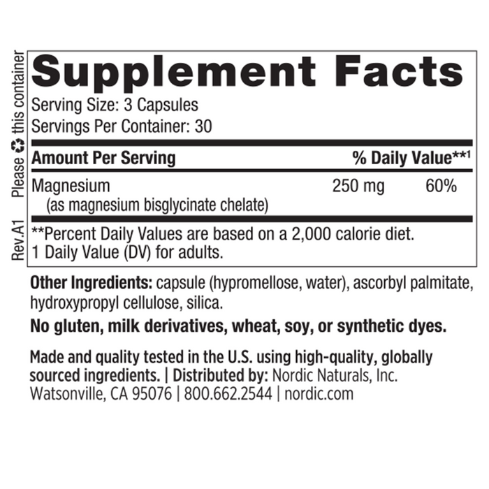 Nordic Naturals Magnesium Glycinate 250 mg 90 capsules supplement facts label