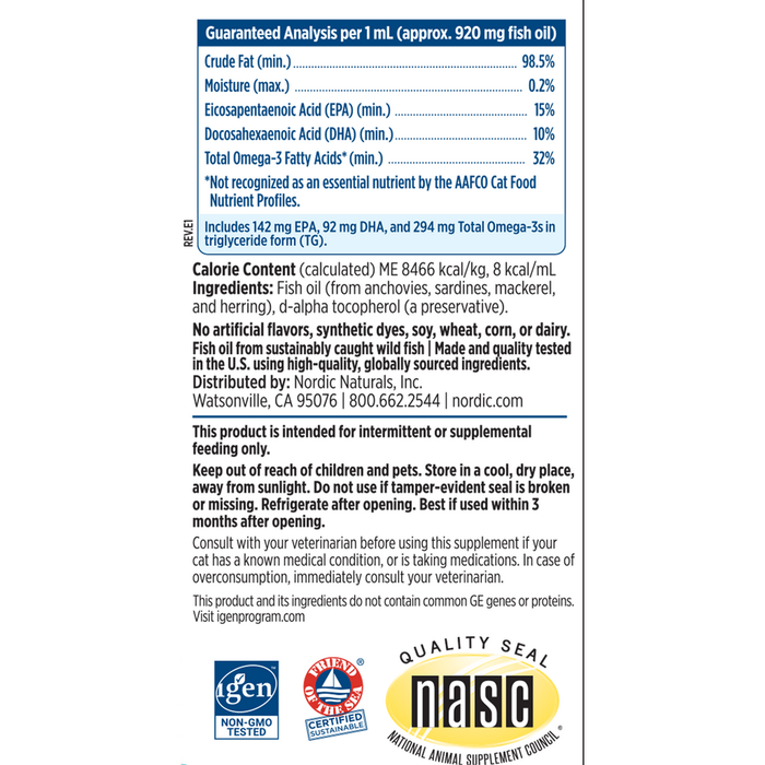 Omega-3 Cat 2 oz by Nordic Naturals, Guaranteed Analysis label