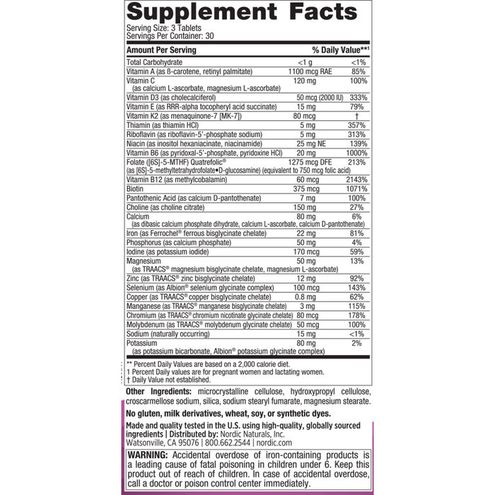Nordic Naturals Prenatal Multivitamin Minis 90 tablets supplement facts label