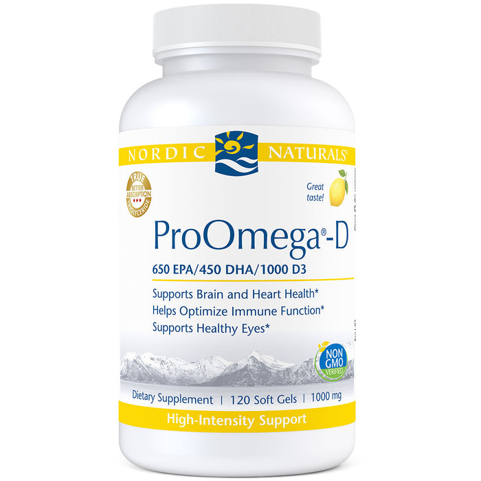 Nordic Naturals ProOmega-D Lemon 1000 mg, 120 softgels, front of bottle