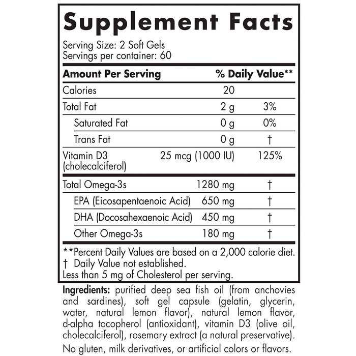Nordic Naturals ProOmega-D Lemon 1000 mg 120 softgels supplement facts label