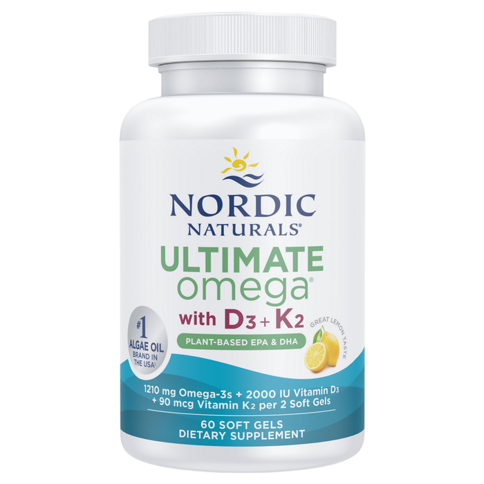 Nordic Naturals Ultimate Omega Plant-Based with D3+K2, 60 softgels, front of bottle
