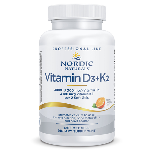 Nordic Naturals Vitamin D3+K2, 120 softgels, front of bottle