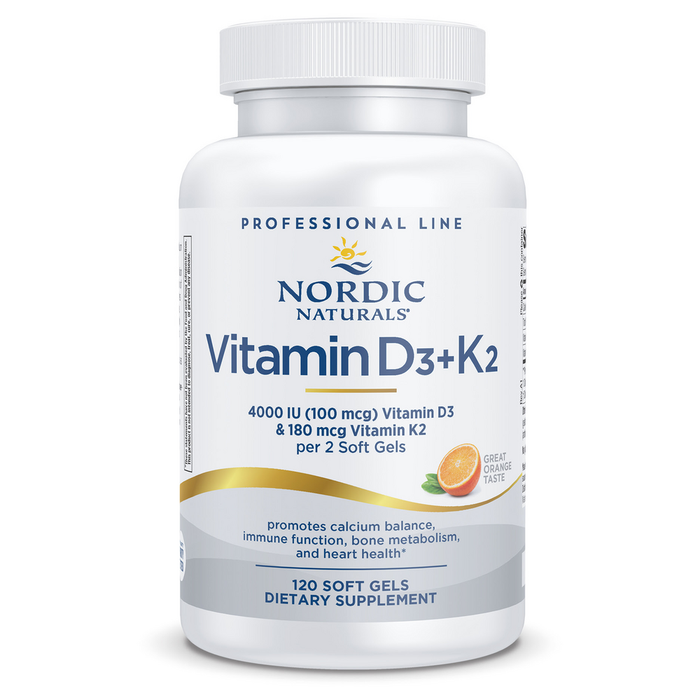 Nordic Naturals Vitamin D3+K2, 120 softgels, front of bottle